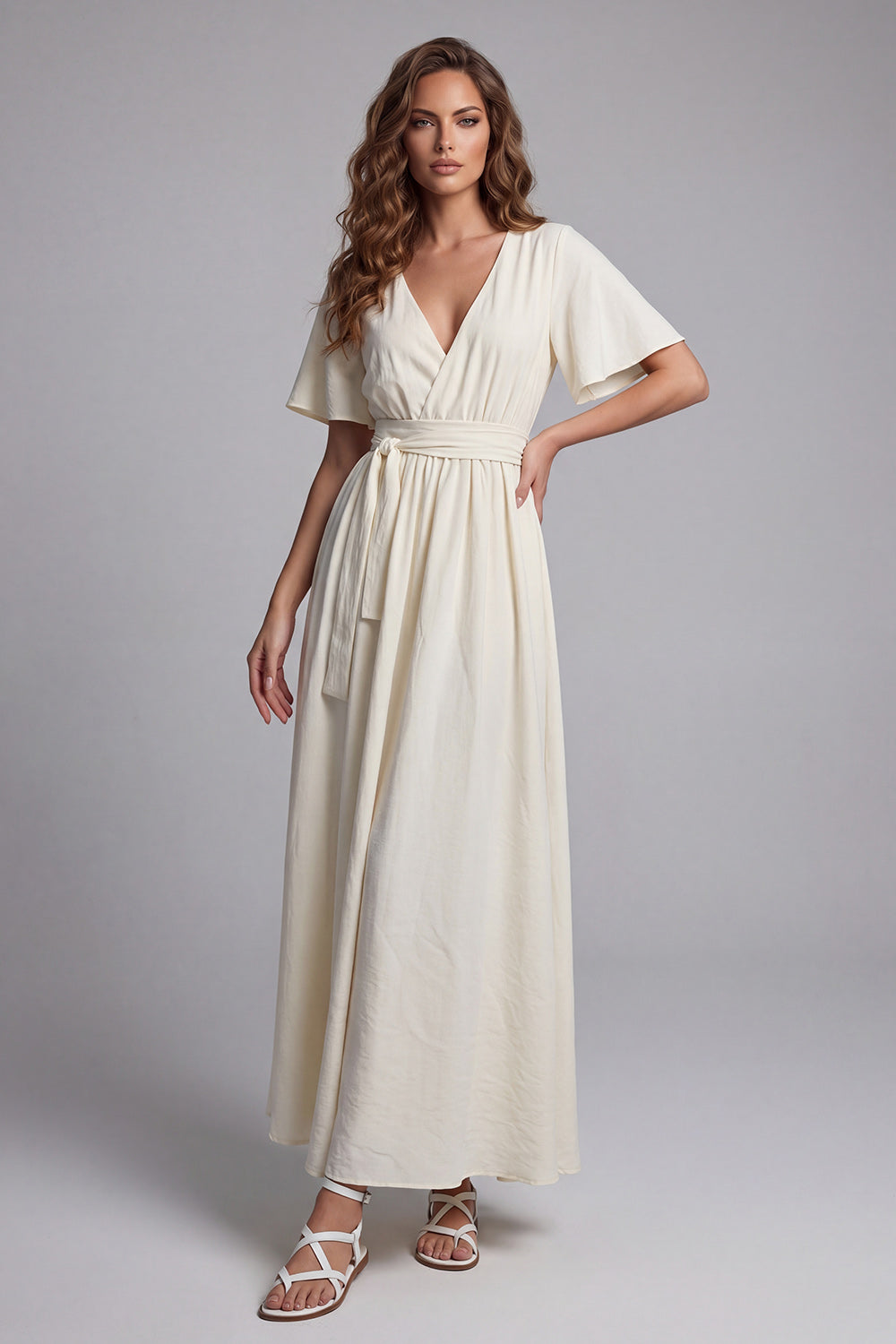 Leely Women Apricot V Neck Long Formal Dress Short Sleeves A Line Wedding Guest Dress