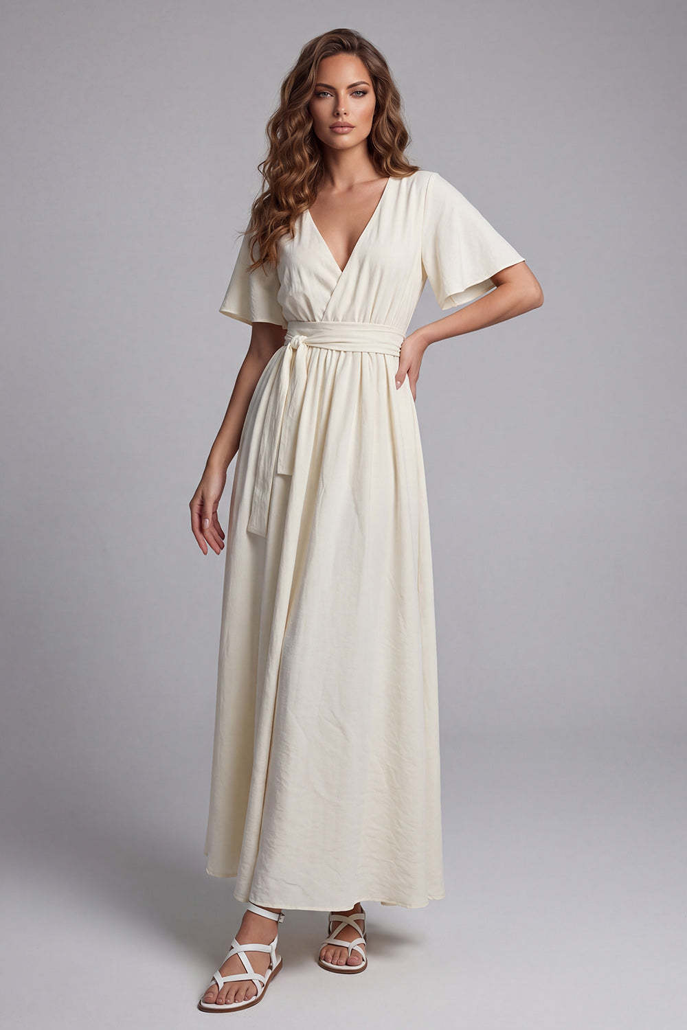 Leely Women Apricot V Neck Long Formal Dress Short Sleeves A Line Wedding Guest Dress