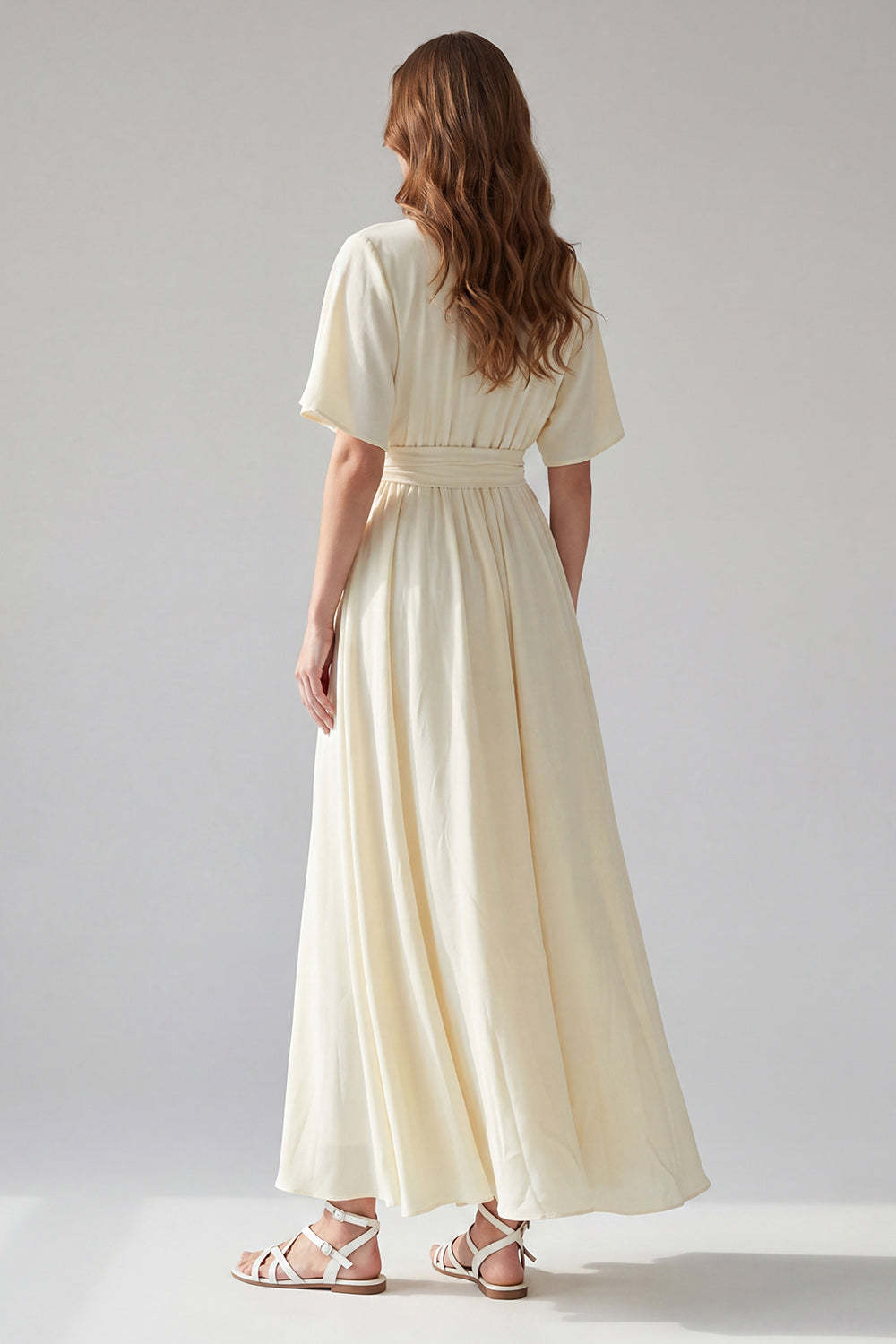 Apricot V Neck Short Sleeves Long Formal Dress