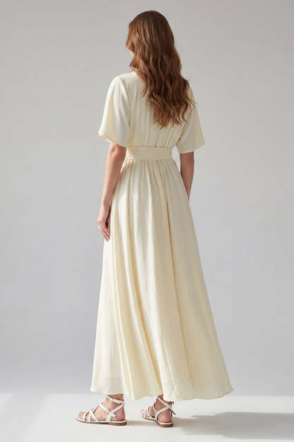 Apricot V Neck Short Sleeves Long Formal Dress