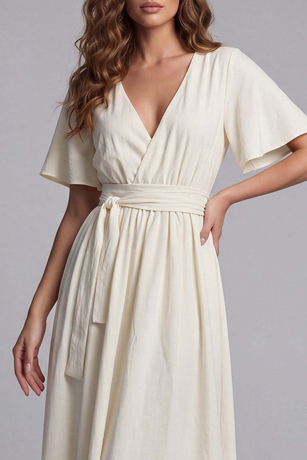 Apricot V Neck Short Sleeves Long Formal Dress