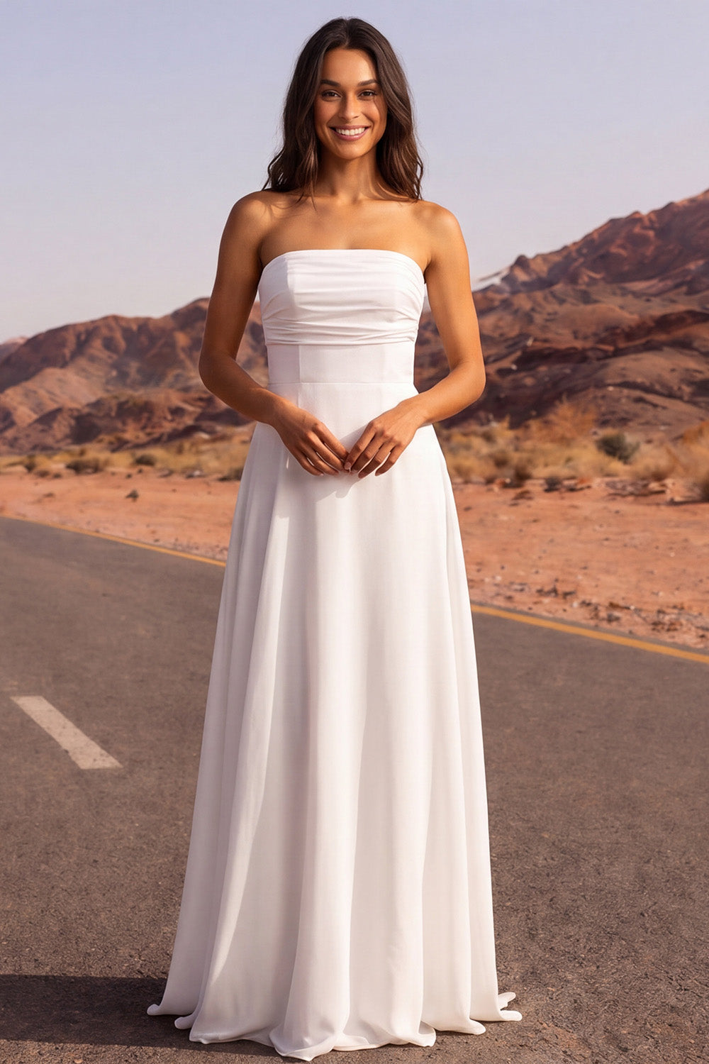 White Strapless A Line Long Wedding Dress