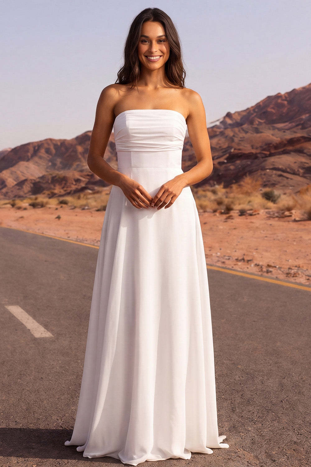 Leely Women White Strapless A Line Long Wedding Dress Backless Sleeveless Bridal Dress