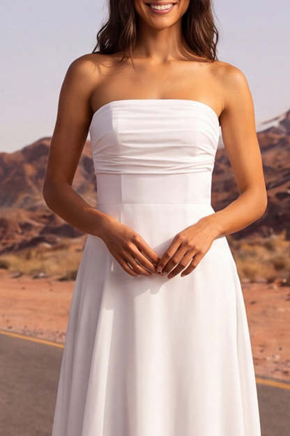 White Strapless A Line Long Wedding Dress