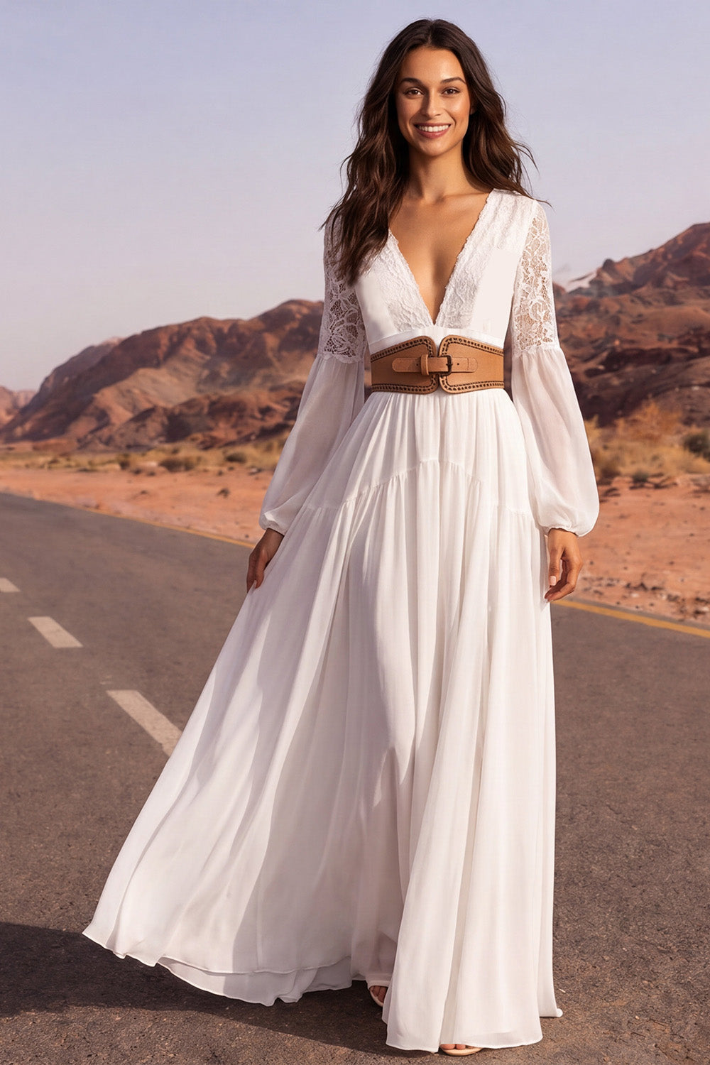 Leely Women Lace Floral V Neck Long Boho Wedding Dress with Belt Long Sleeves A Line Bridal Dress