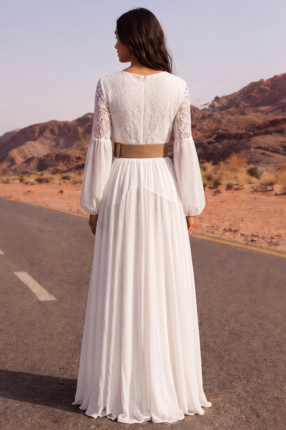 Lace Floral V Neck Long Boho Wedding Dress with Belt