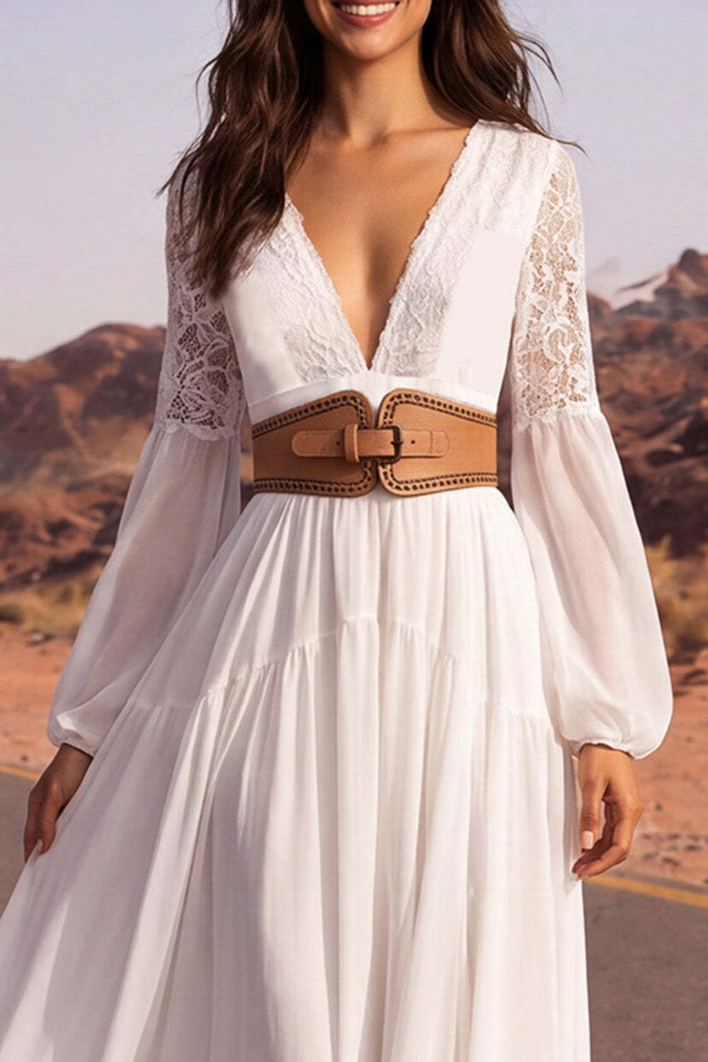 Lace Floral V Neck Long Boho Wedding Dress with Belt