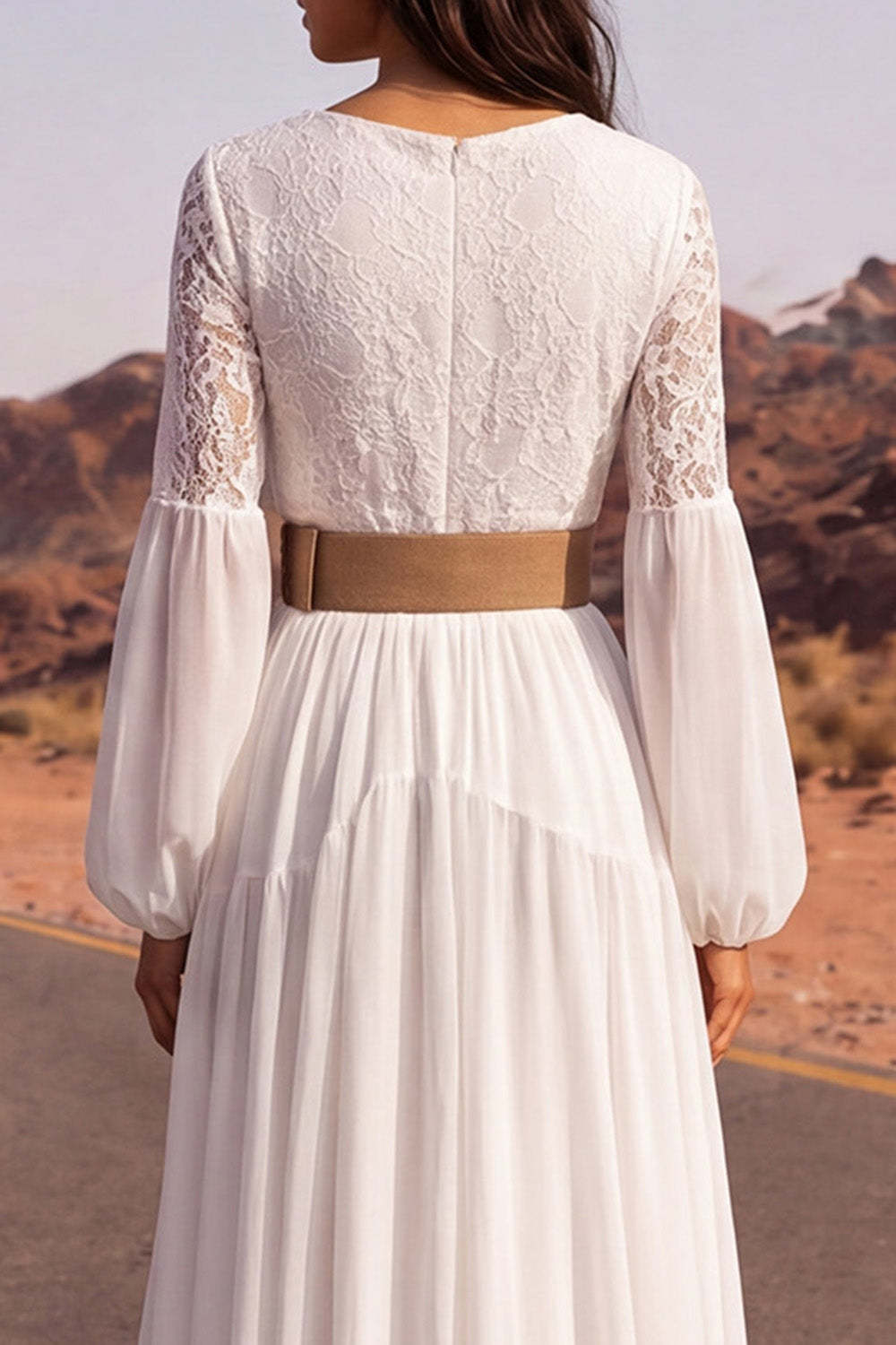 Lace Floral V Neck Long Boho Wedding Dress with Belt