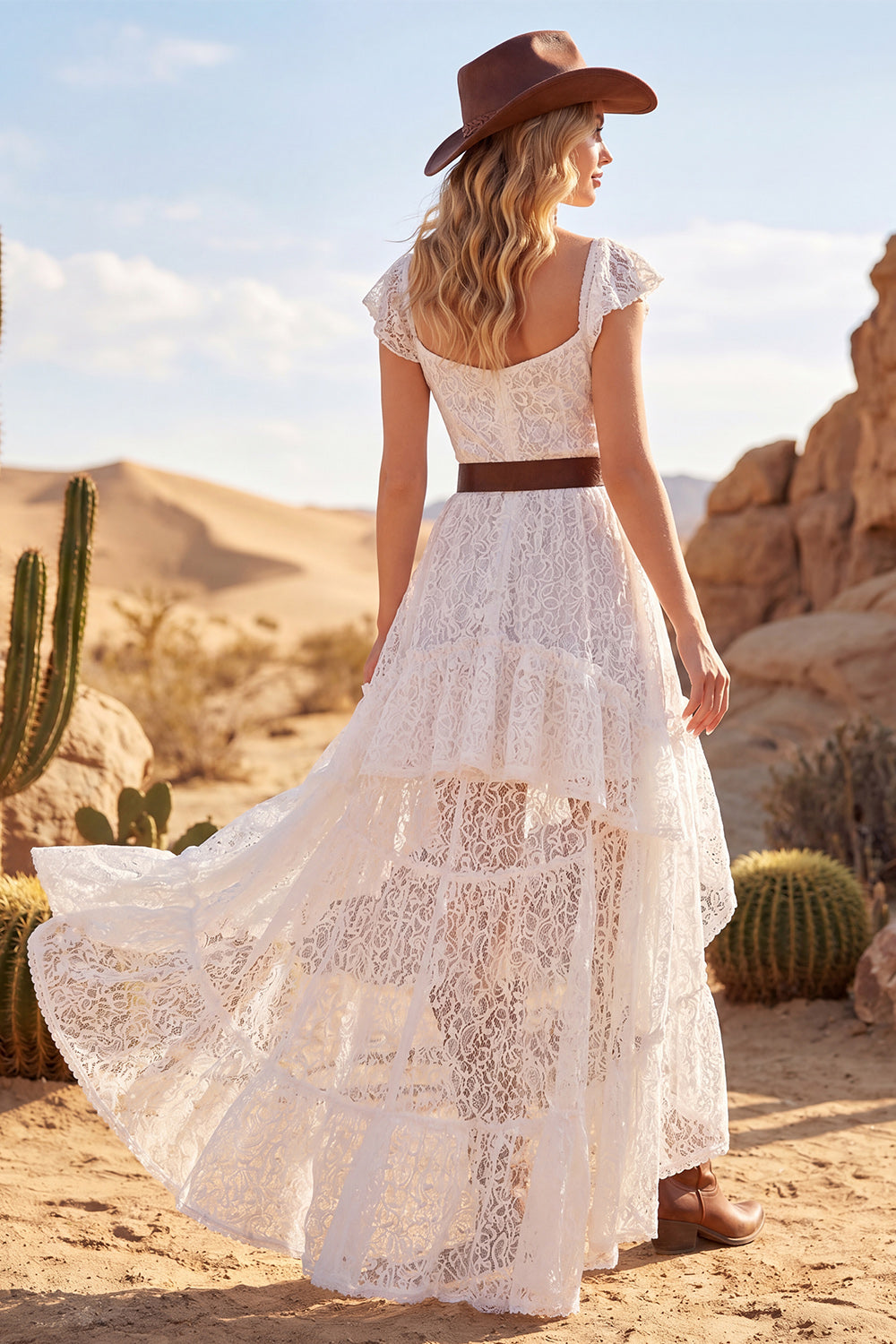 White High Low Lace Floral Western Boho Wedding Dress