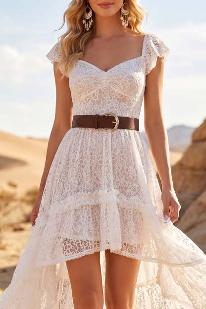 White High Low Lace Floral Western Boho Wedding Dress