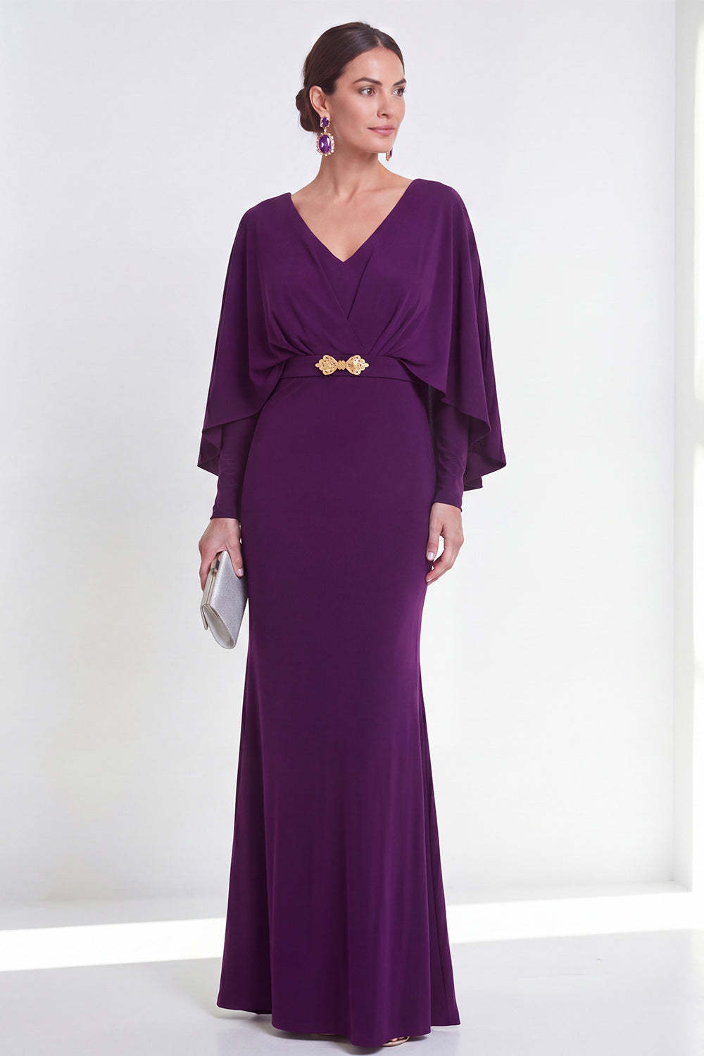 Leely Women Mermaid Purple V Neck Long Wedding Guest Dress Long Sleeves Ruched Formal Dress
