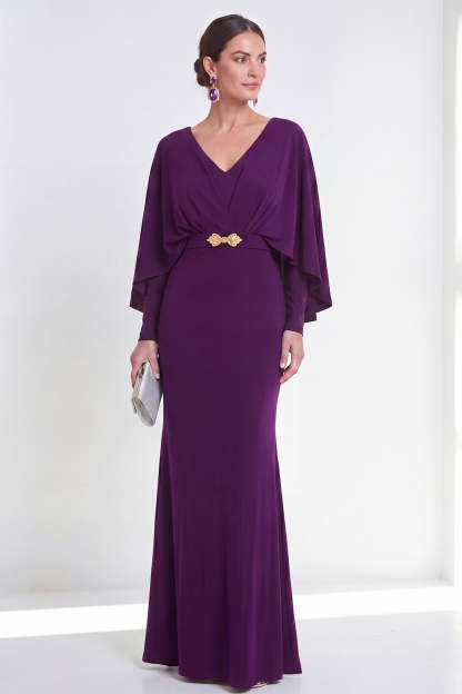 Leely Women Mermaid Purple V Neck Long Wedding Guest Dress Long Sleeves Ruched Formal Dress
