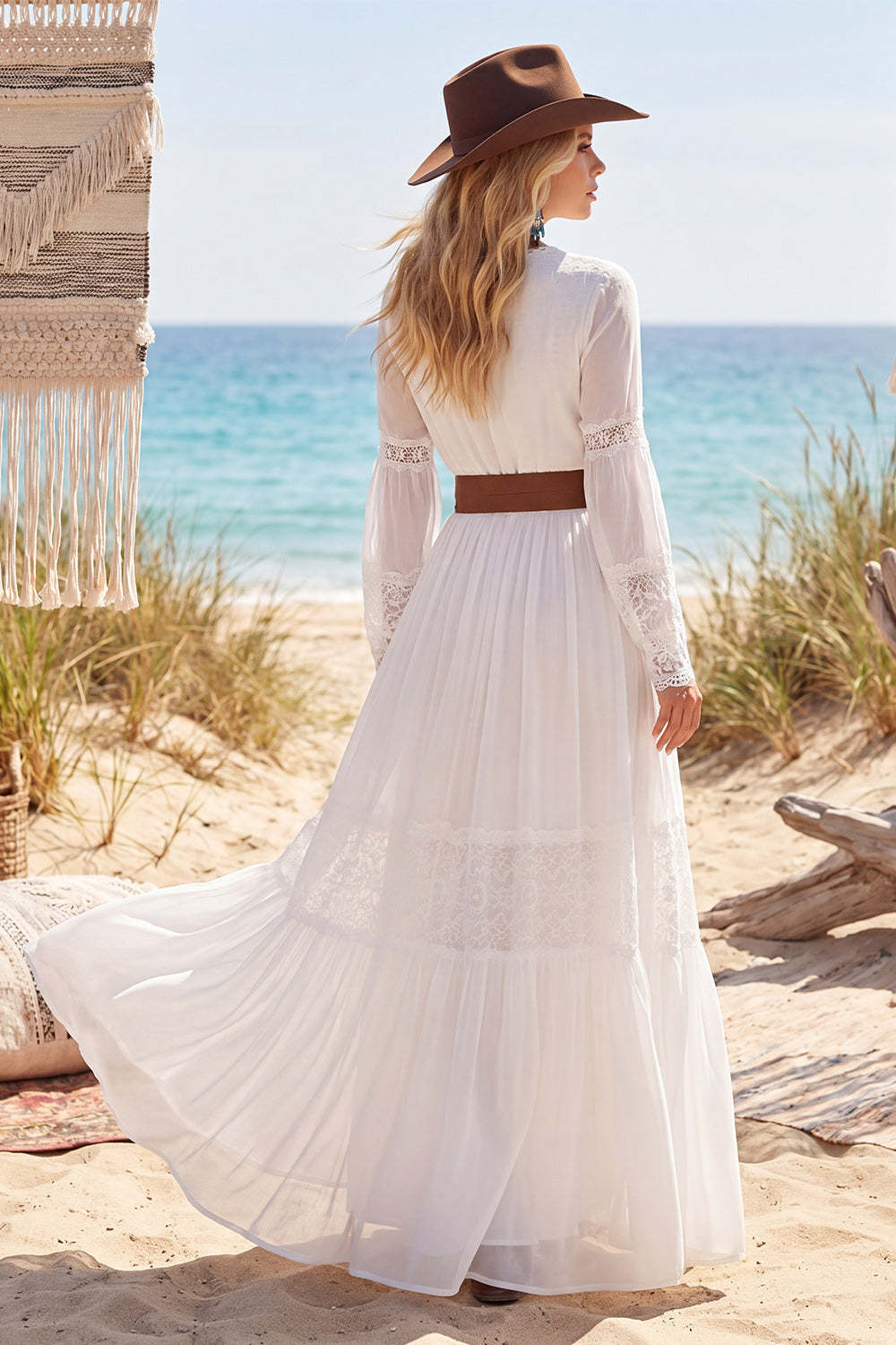 V Neck White A Line Long Beach Wedding Dress