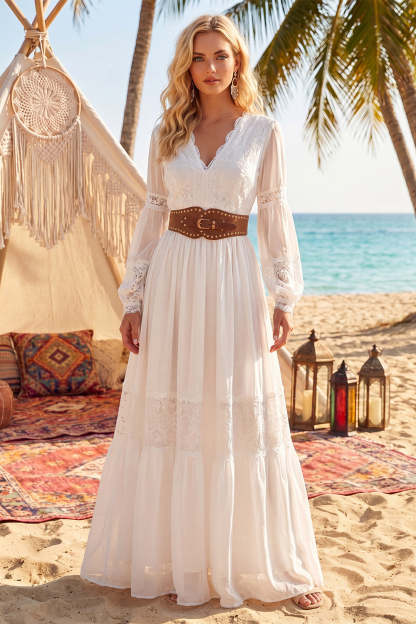 V Neck White A Line Long Beach Wedding Dress
