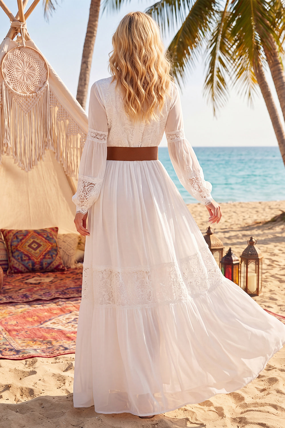 V Neck White A Line Long Beach Wedding Dress