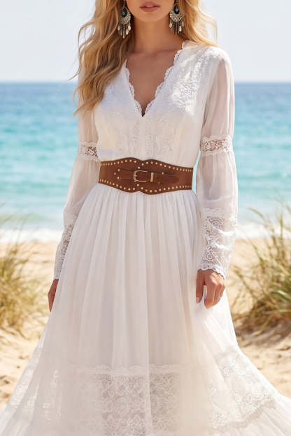 V Neck White A Line Long Beach Wedding Dress