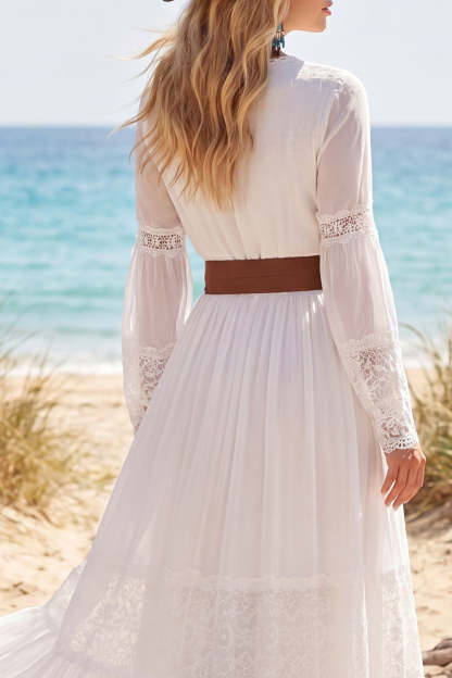 V Neck White A Line Long Beach Wedding Dress