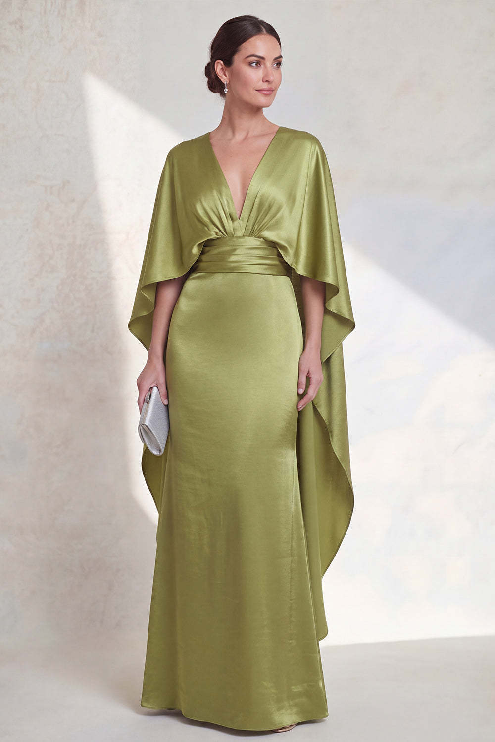 Leely Women Satin Green Mermaid Long Formal Dress with Cape V Neck Sleeveless Wedding Guest Dress
