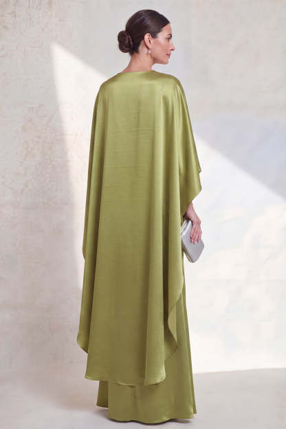 Satin Green Mermaid V Neck Long Formal Dress with Cape
