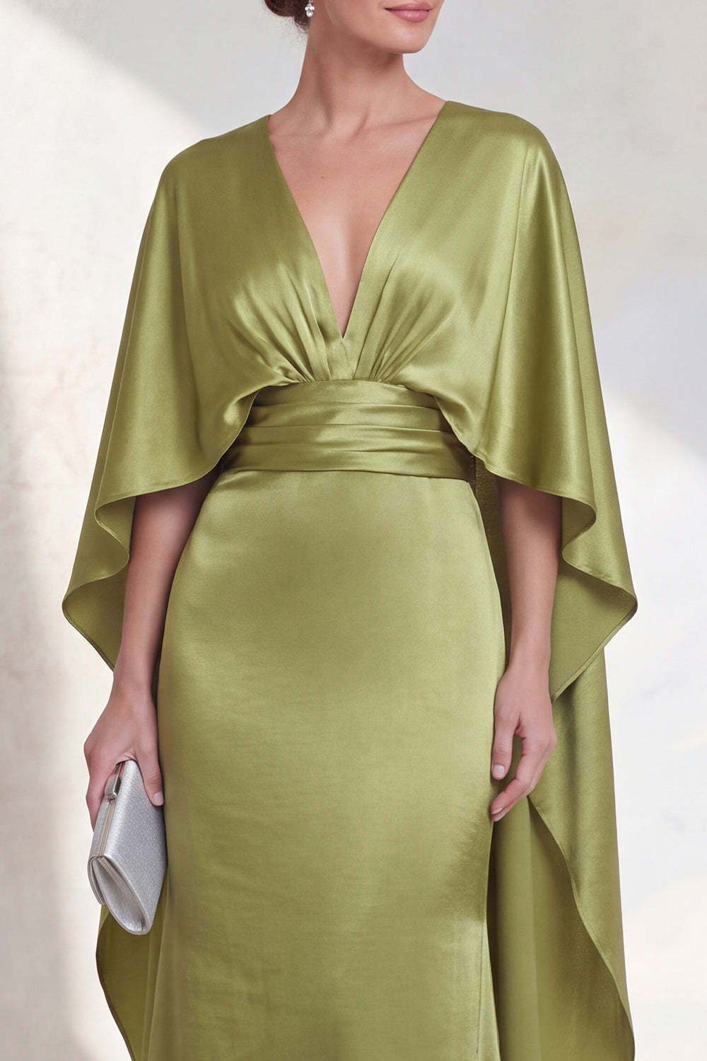 Satin Green Mermaid V Neck Long Formal Dress with Cape