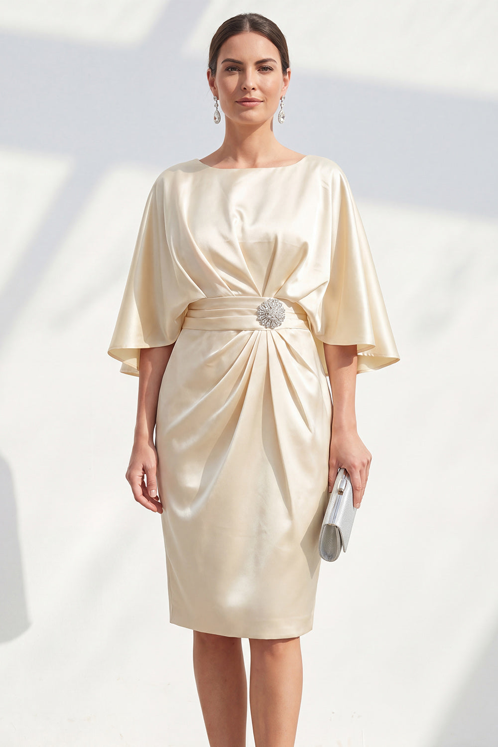 Leely Women Sheath Champagne Ruched Satin Short Wedding Guest Dress V Neck Sleeveless Ruched Formal Dress