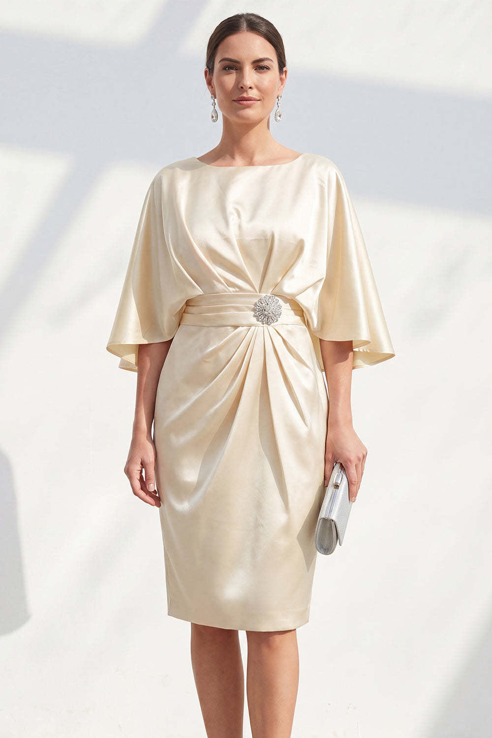 Leely Women Sheath Champagne Ruched Satin Short Wedding Guest Dress V Neck Sleeveless Ruched Formal Dress