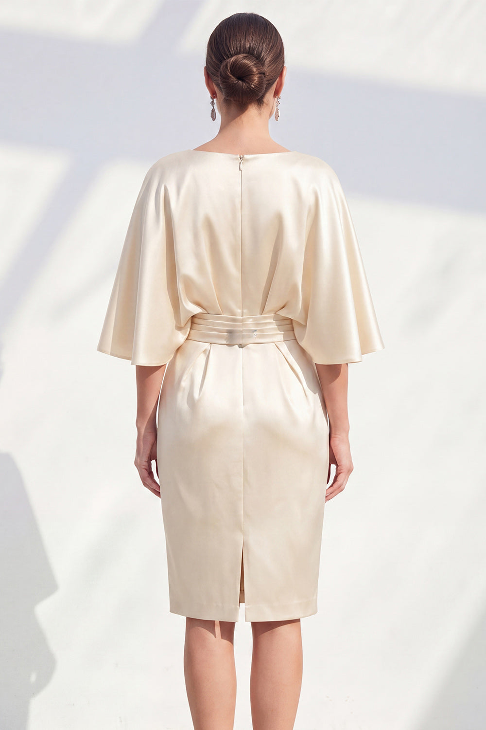 Sheath Champagne Ruched Satin Short Wedding Guest Dress