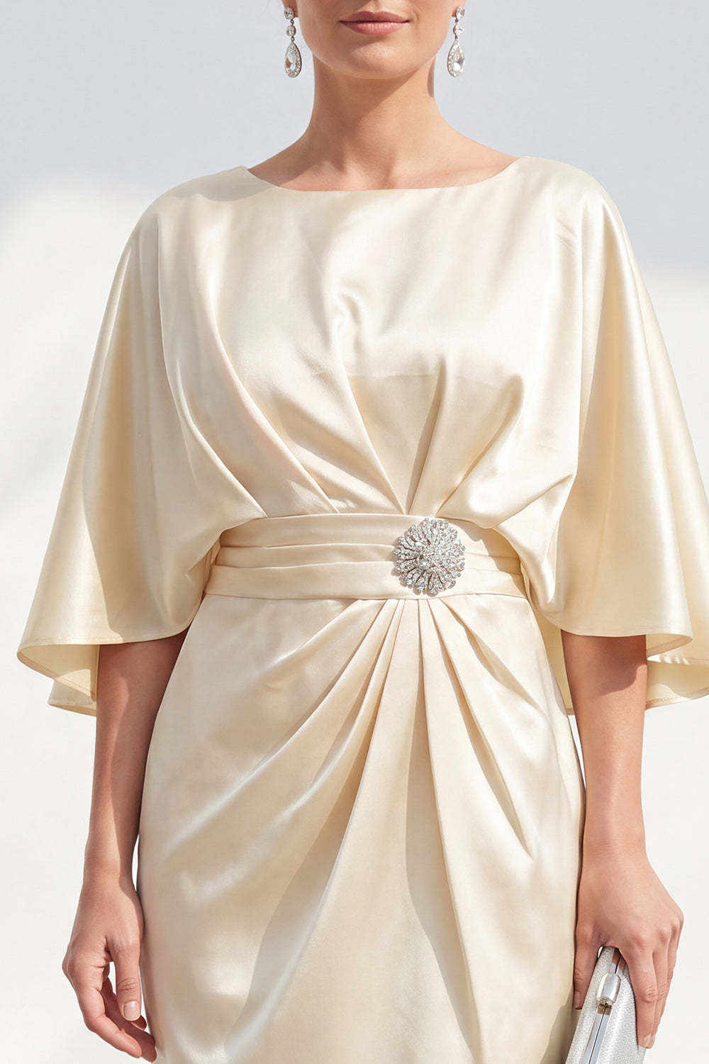 Sheath Champagne Ruched Satin Short Wedding Guest Dress