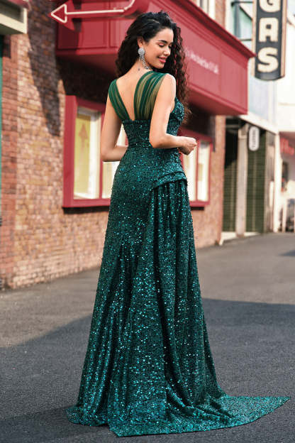 Sparkly Dark Green Sheath Sequin Prom Dress with Side Cape
