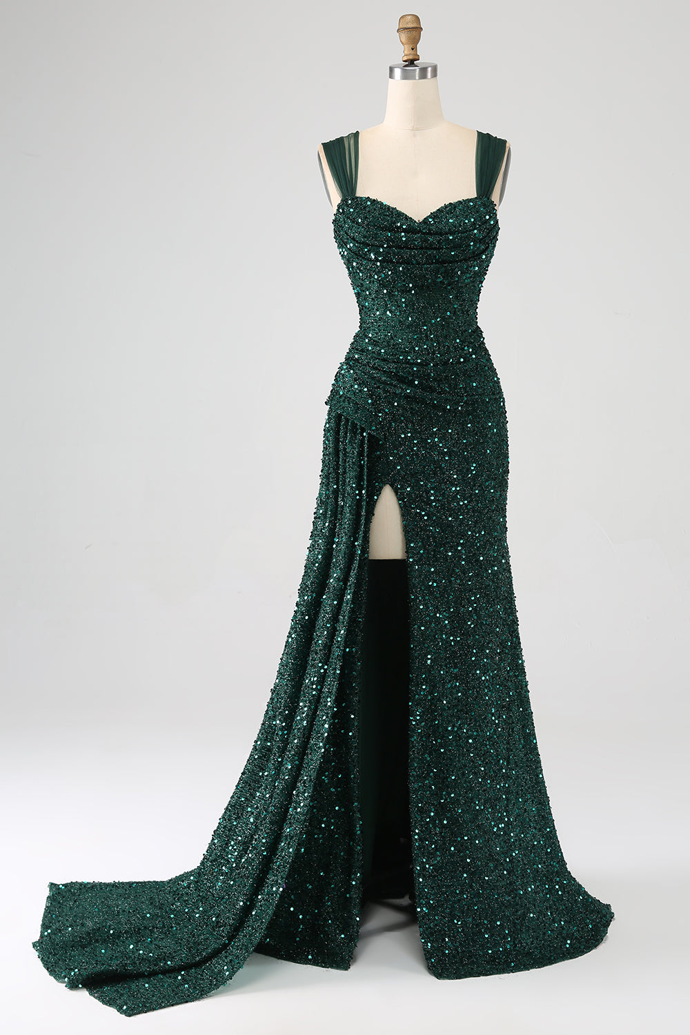 Sparkly Dark Green Sheath Sequin Prom Dress with Side Cape