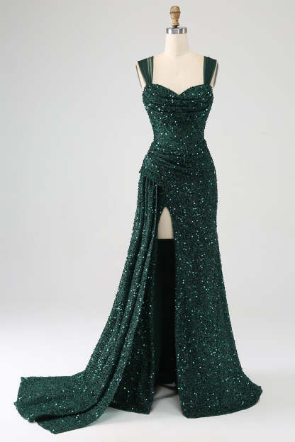 Sparkly Dark Green Sheath Sequin Prom Dress with Side Cape