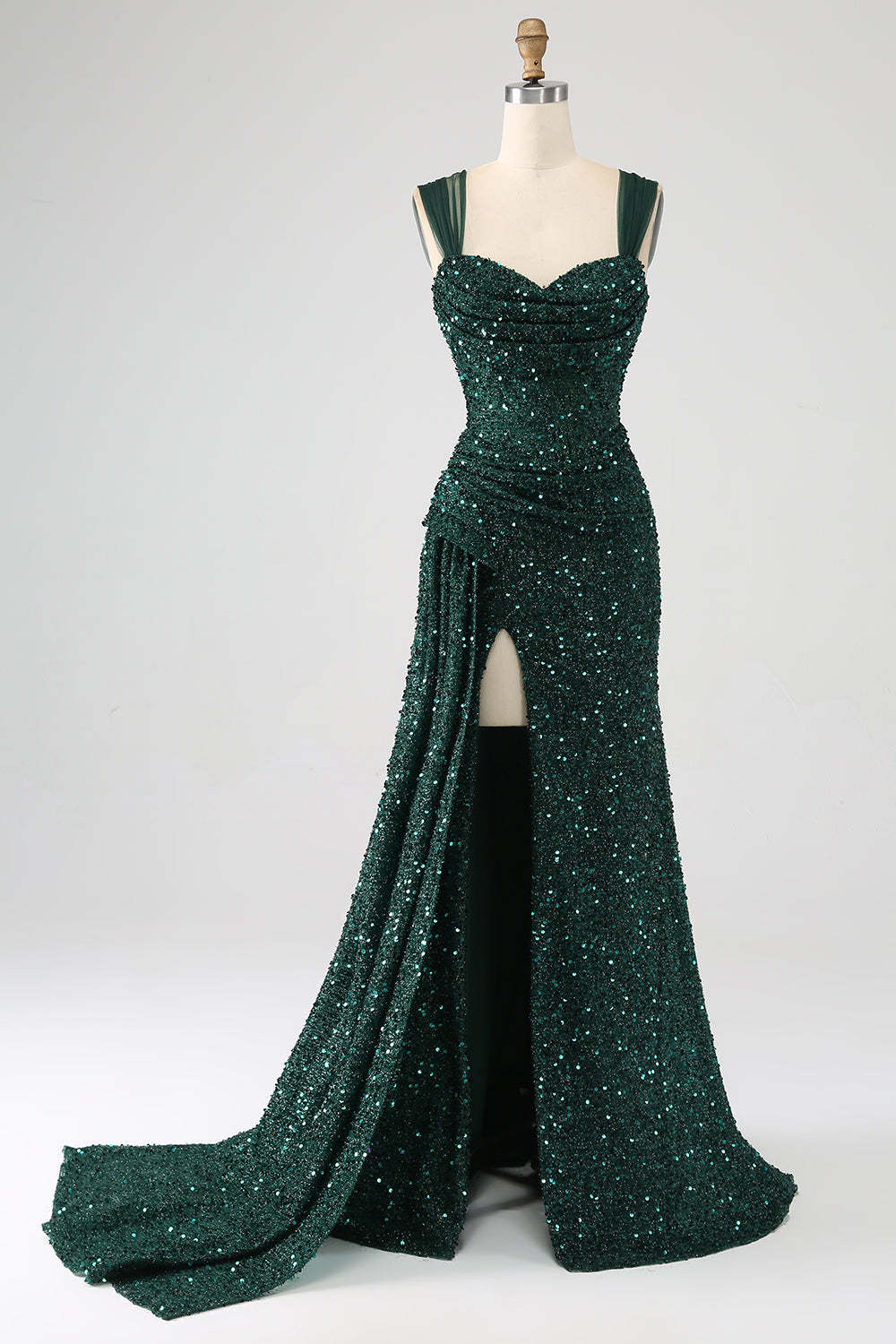 Leely Women Dark Green Prom Dress Sheath Sparkly Sequin Pleated Long Evening Dress With Thigh Split