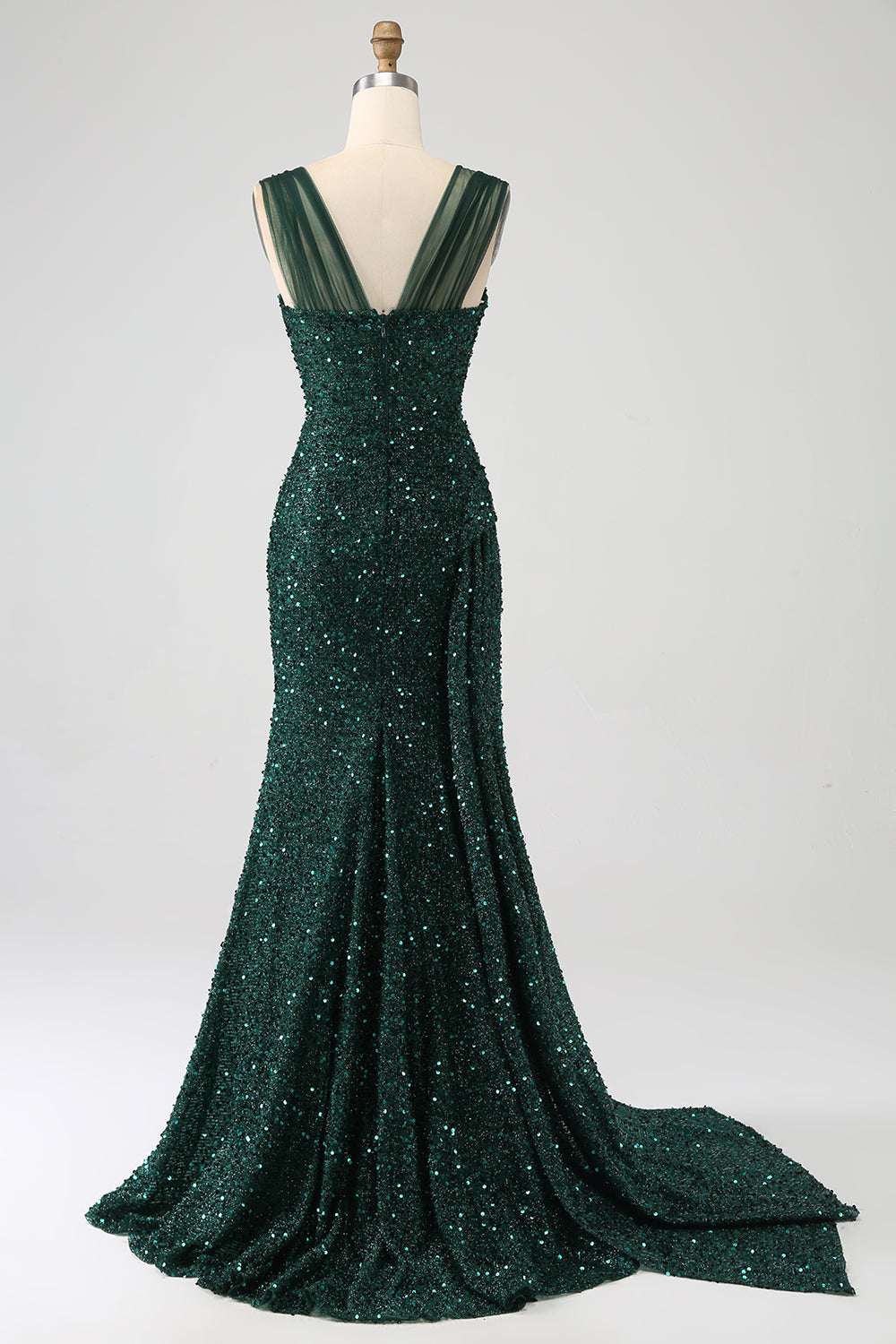 Sparkly Dark Green Sheath Sequin Prom Dress with Side Cape