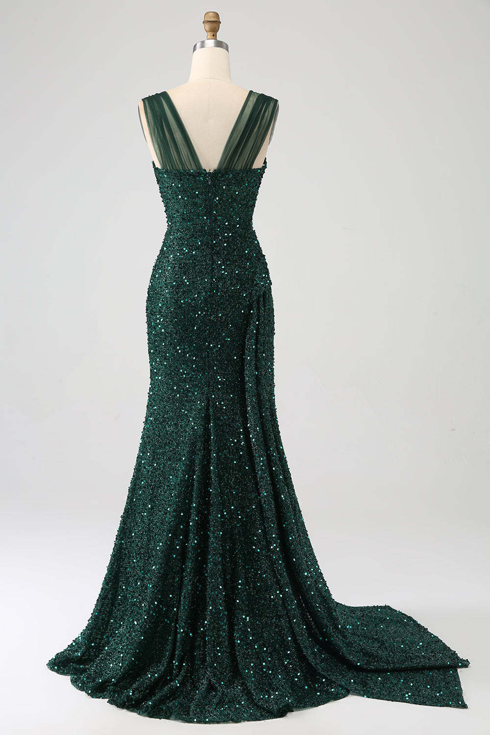 Sparkly Dark Green Sheath Sequin Prom Dress with Side Cape