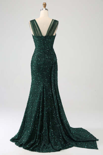 Sparkly Dark Green Sheath Sequin Prom Dress with Side Cape