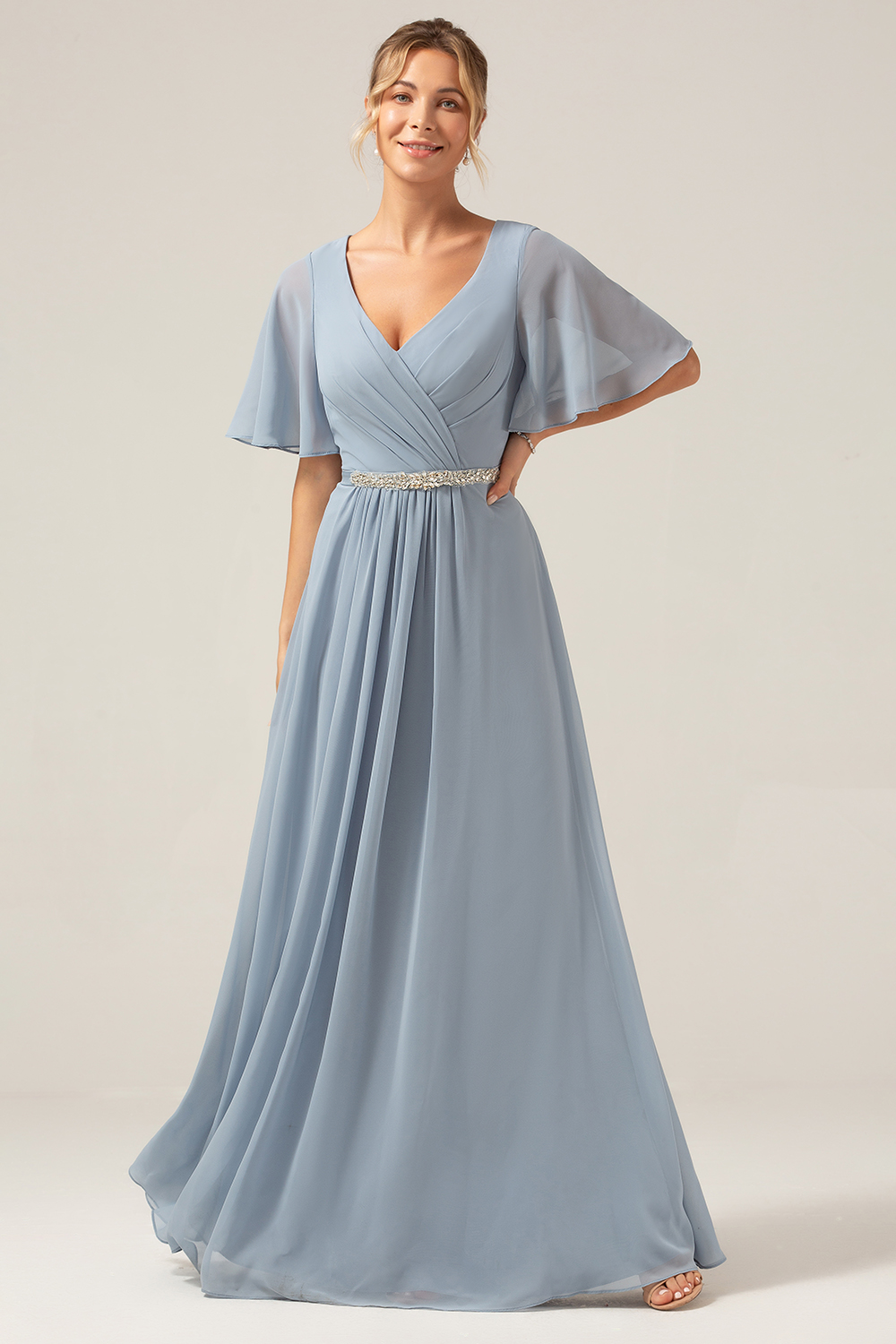 Dusty Blue A Line Chiffon V Neck Mother of Bride Dress with Short Sleeves