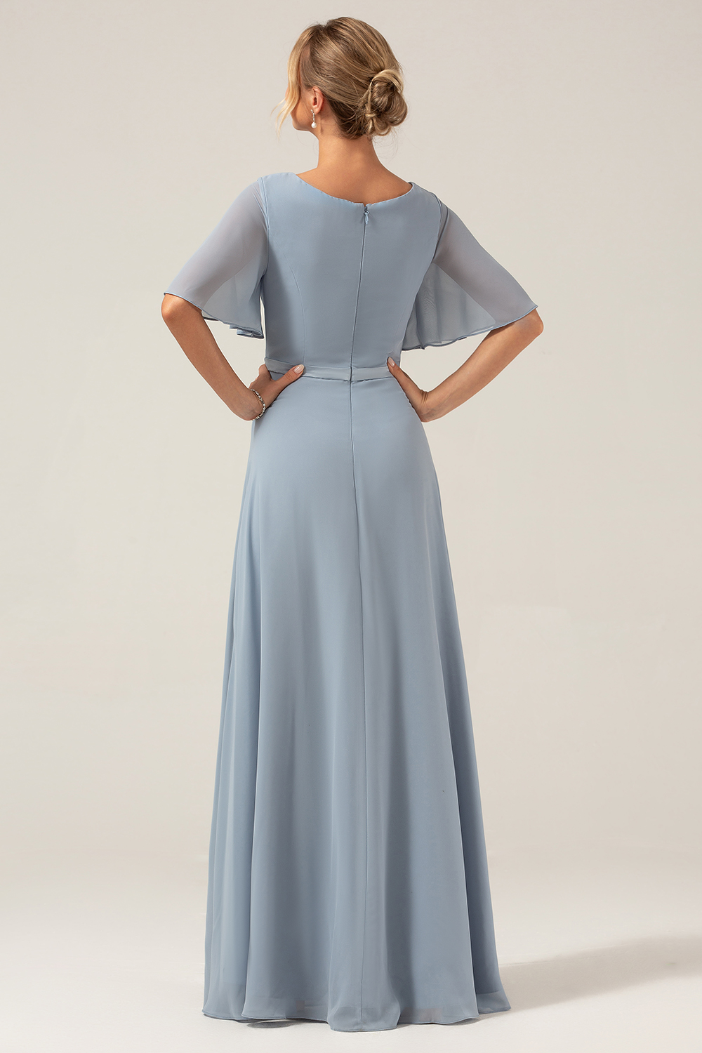 Dusty Blue A Line Chiffon V Neck Mother of Bride Dress with Short Sleeves