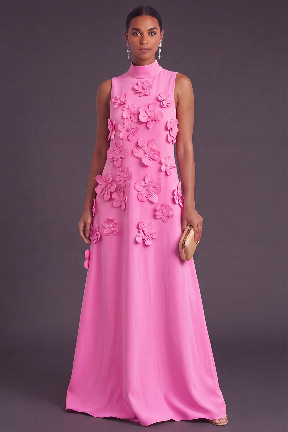 Blue Floral High Neck A Line Long Formal Dress