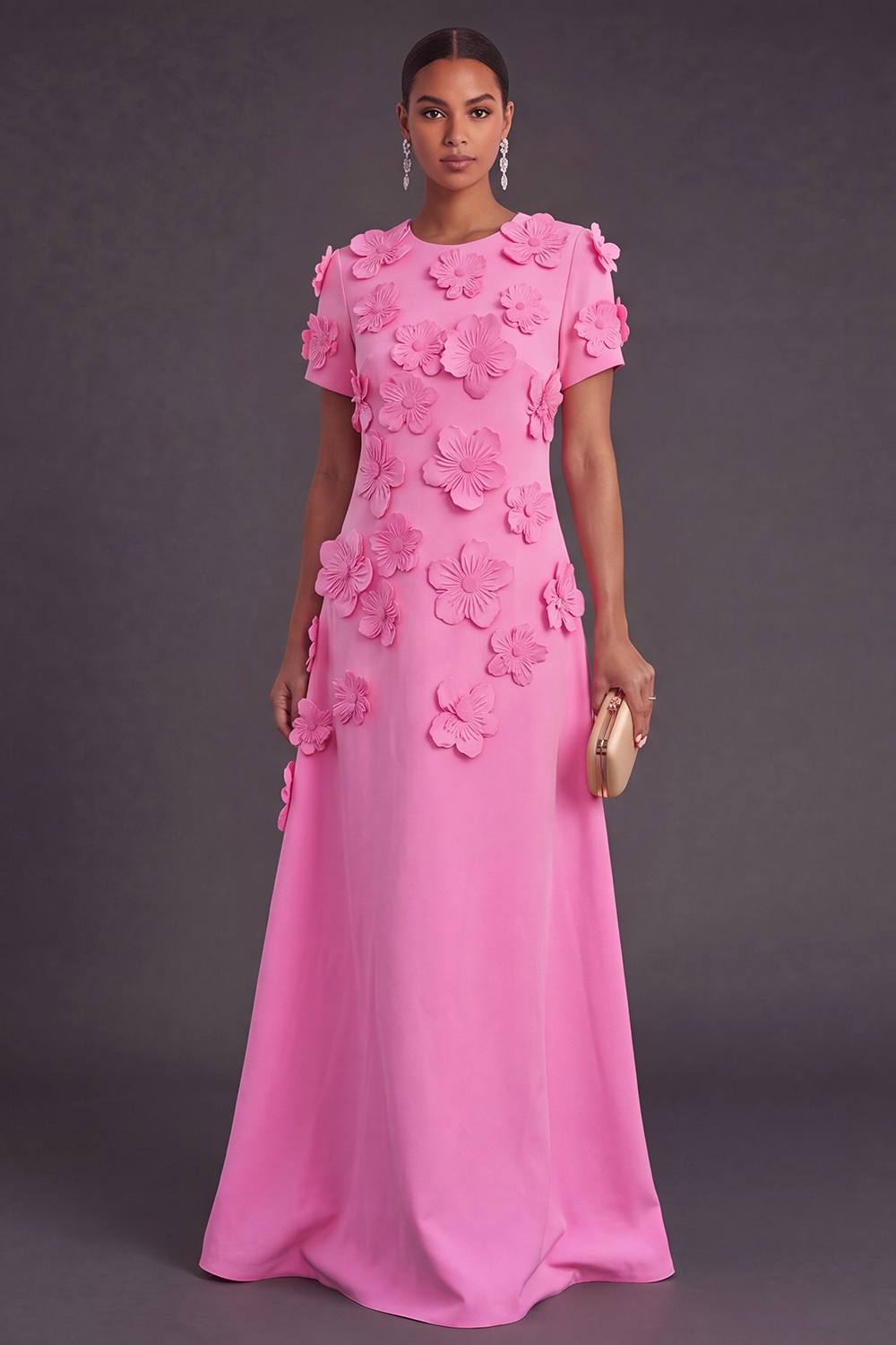Blue Floral A Line Round Neck Long Formal Dress with Sleeves