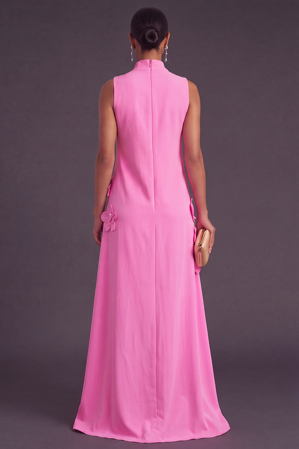 Blue Floral High Neck A Line Long Formal Dress
