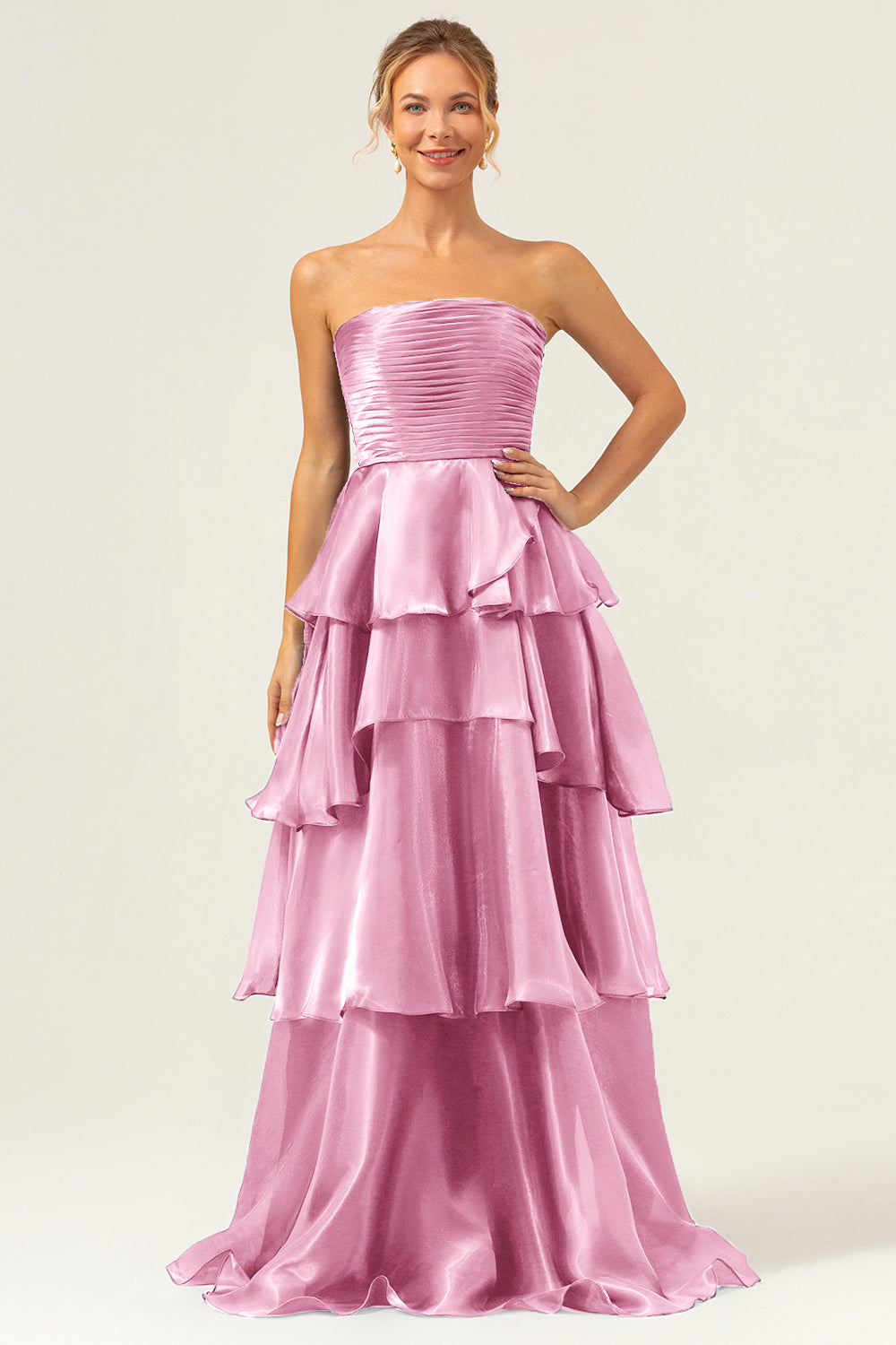 Plus Size Dark Navy Strapless A Line Tiered Satin Maxi Bridesmaid Dress