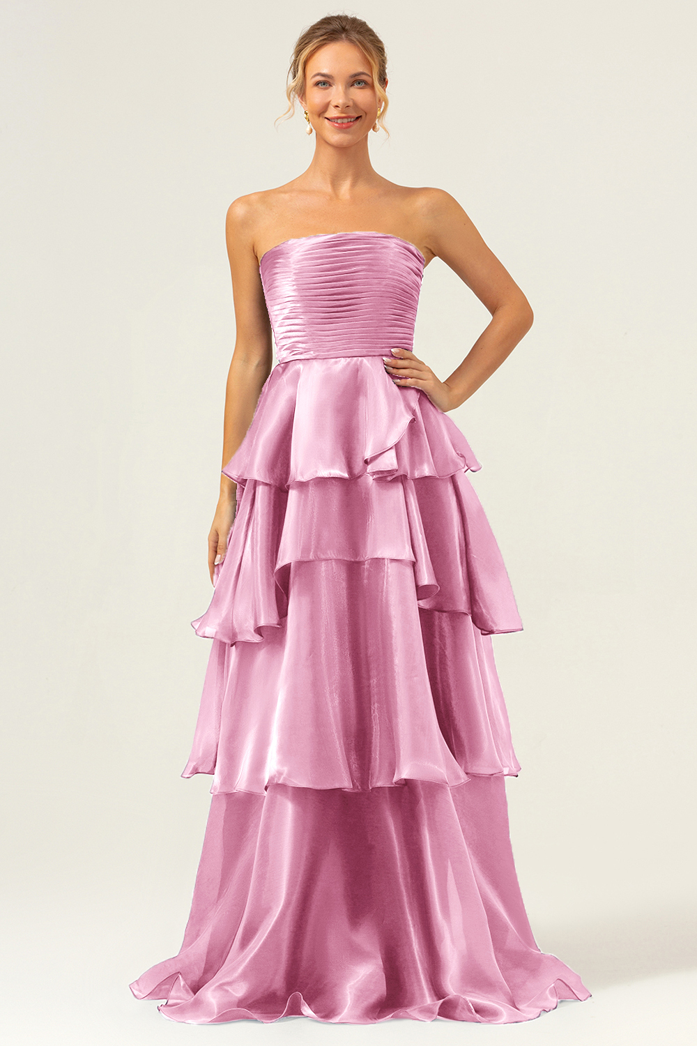 Leely Women Dark Navy Strapless Tiered Bridesmaid Dress Pleated Satin A-line Wedding Party Dress