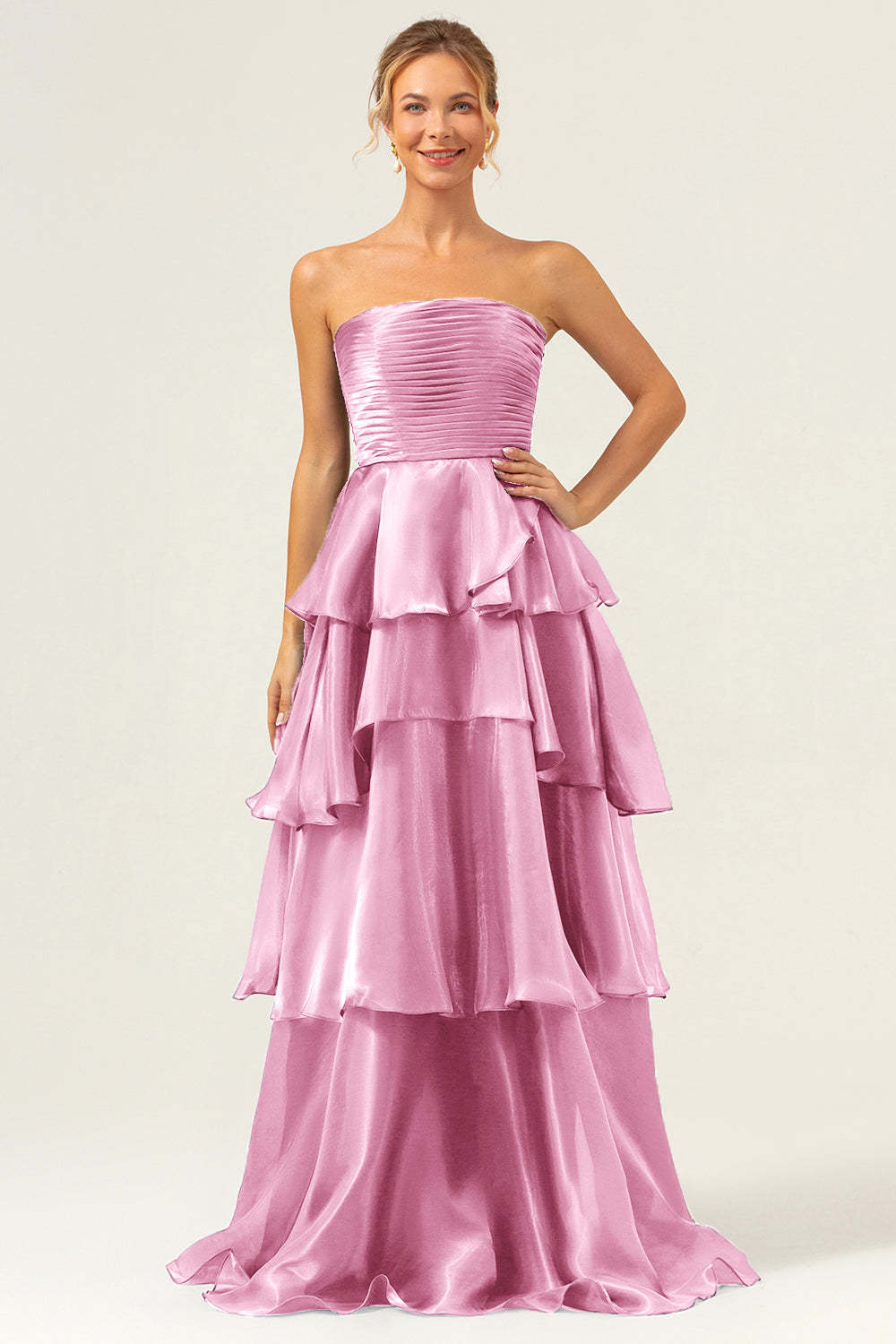 Plus Size Dark Navy Strapless A Line Tiered Satin Maxi Bridesmaid Dress