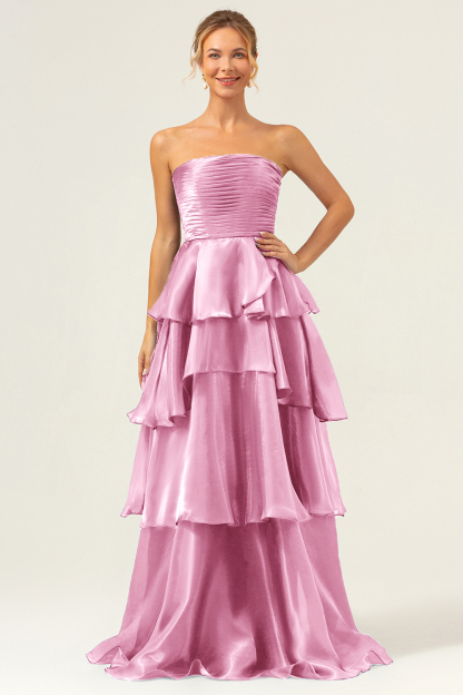 Leely Women Dark Navy Strapless Tiered Bridesmaid Dress Pleated Satin A-line Wedding Party Dress