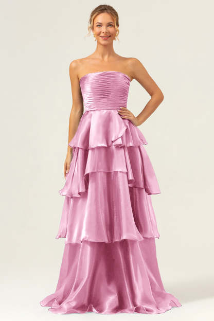 Plus Size Dark Navy Strapless A Line Tiered Satin Maxi Bridesmaid Dress