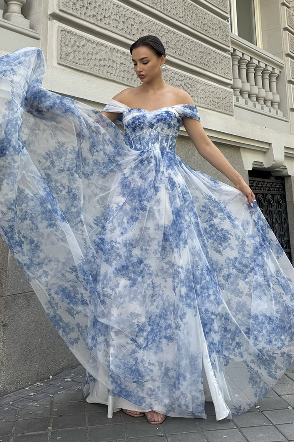 Corset Maxi White Blue Flower Printed A Line Bridesmaid Dress with Slit