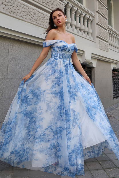 Corset Maxi White Blue Flower Printed A Line Bridesmaid Dress with Slit