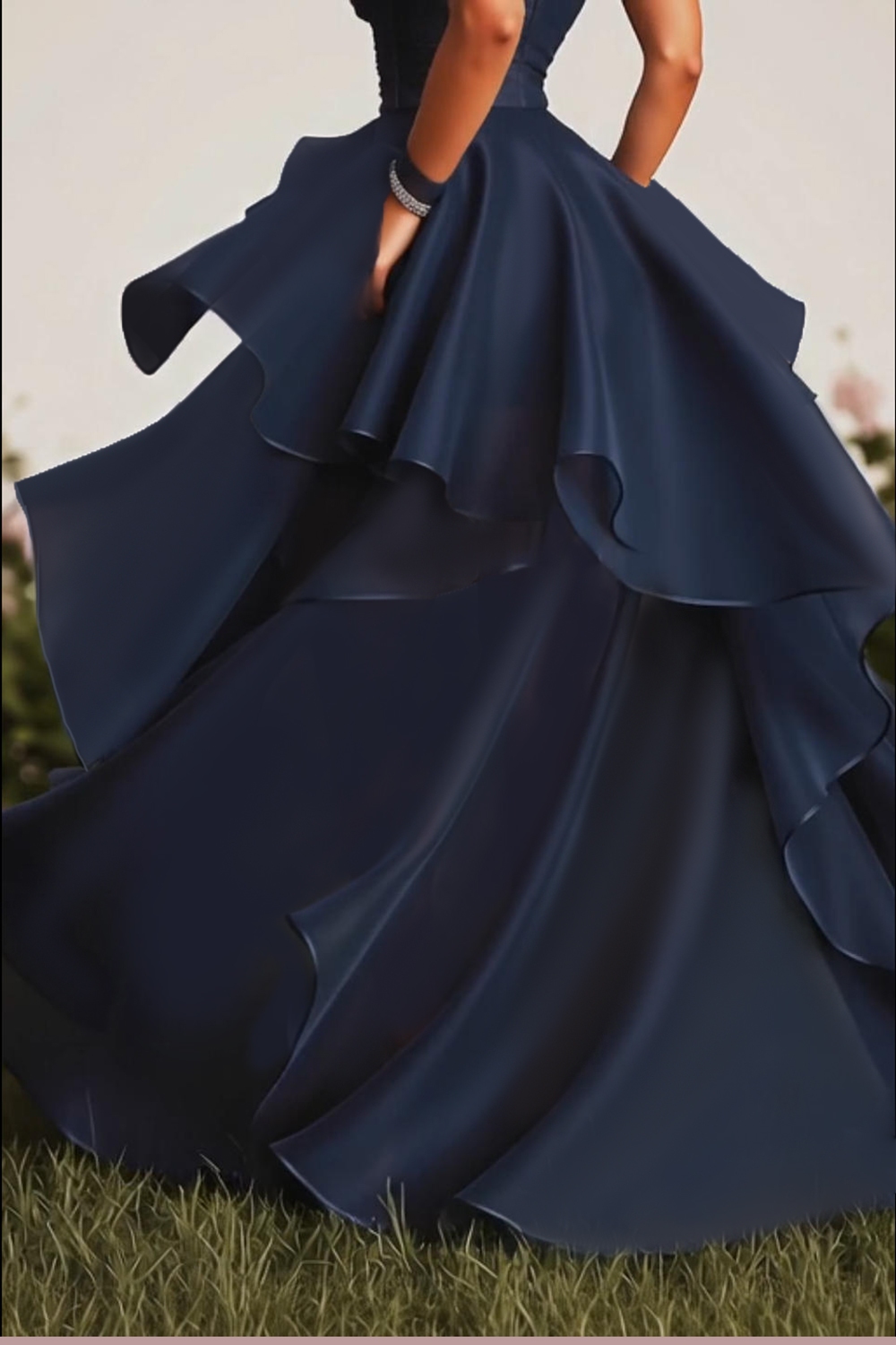 A Line Navy Sweetheart Flowy Maxi Formal Dress with Ruffles