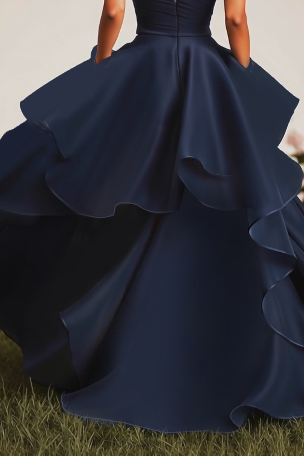 A Line Navy Sweetheart Flowy Maxi Formal Dress with Ruffles