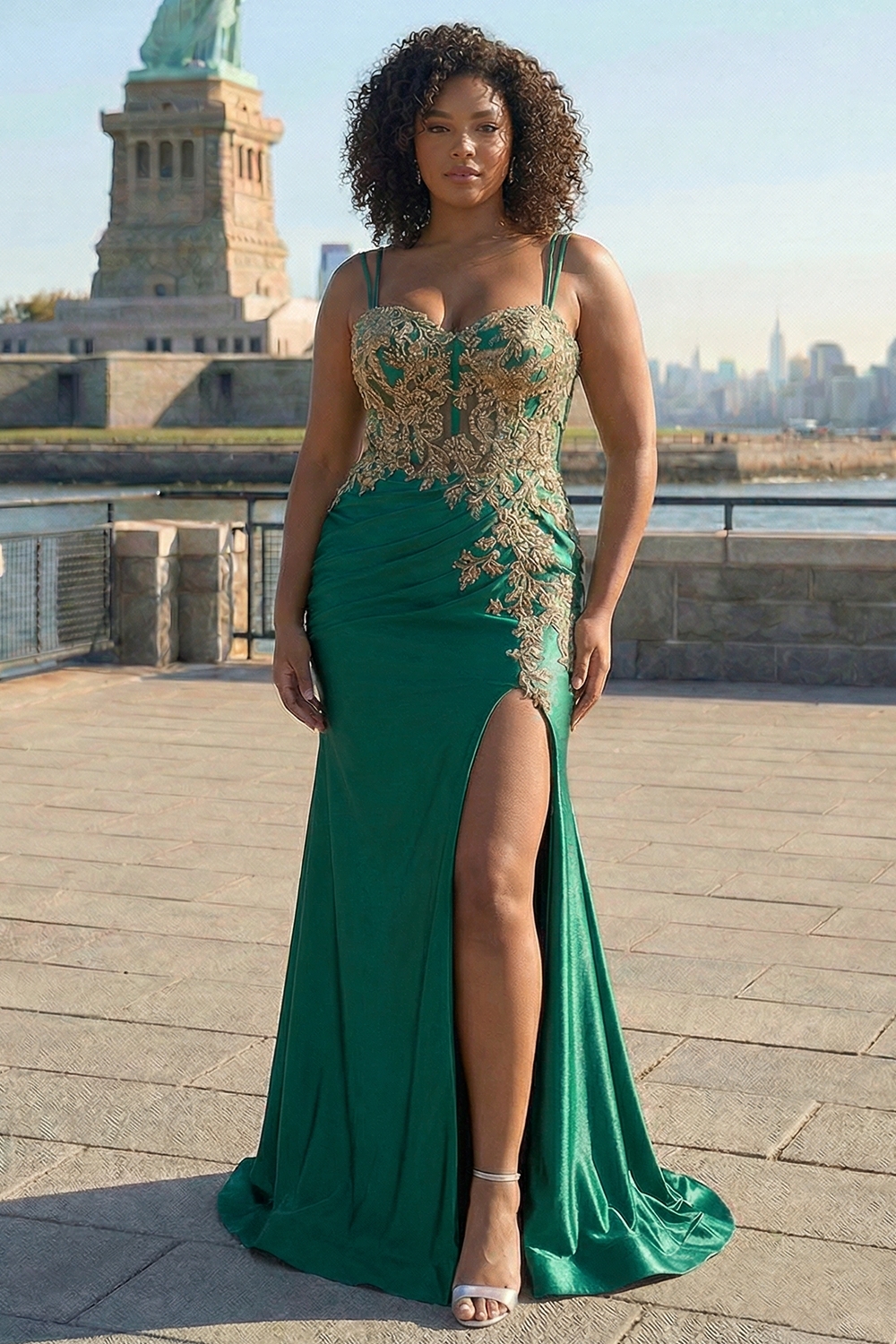 Sparkly Floral Dark Green Mermaid Satin Long Corset Prom Dress with Slit